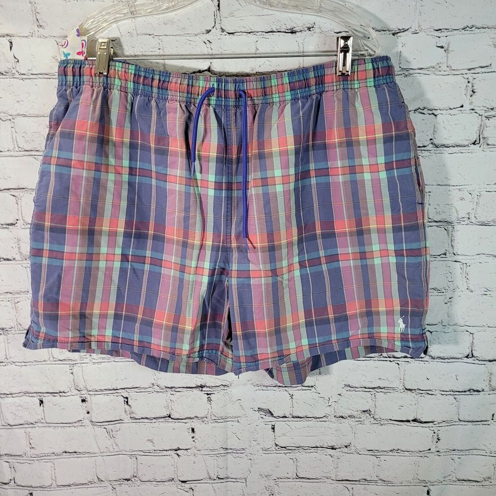 Polo Ralph Lauren Swim Trunks Mens XL Purple Plaid Excellent Mesh Lined Shorts